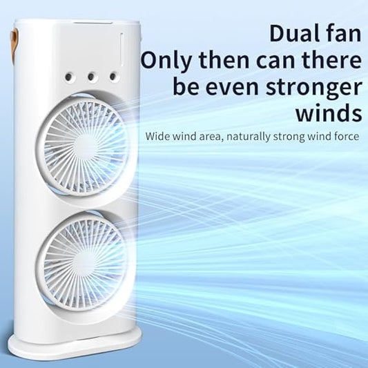 Mini Double Head Mist Fan with LED Light & Humidifier | Portable Air Cooler for Home, Office & Travel – USB Rechargeable